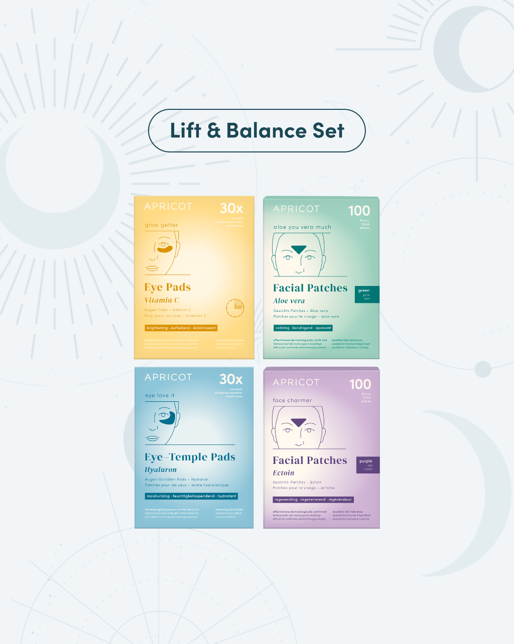 APRICOT Routine-Set bestehend aus Vitamin C Augenpads, Hyaluron Augenpads, Aloe vera Zornesfalten Patches und Ectoin Zornesfalten Patches