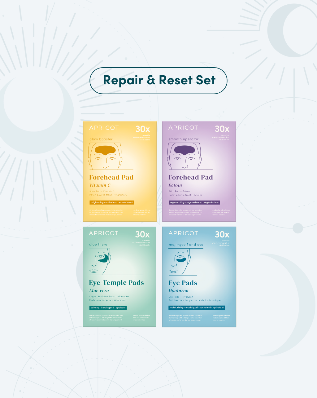APRICOT Routine-Set bestehend aus Vitamin C Stirn Pad, Ectoin Stirn Pad, Aloe vera Augenpads und Hyaluron Augenpads