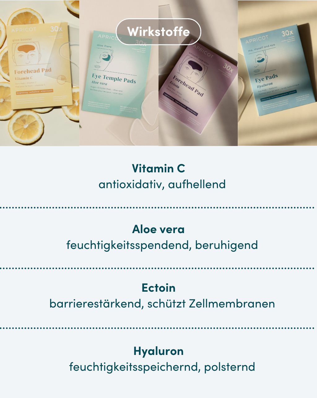 Eigenschaften der im Routine-Set enthaltenen Wirkstoffe Vitamin C, Aloe vera, Ectoin und Hyaluron