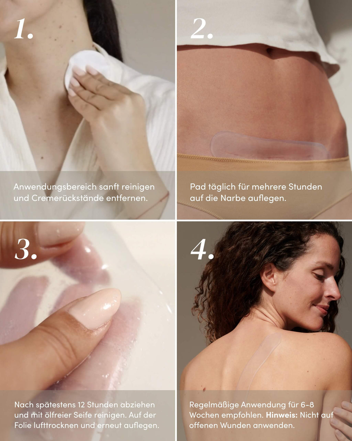 Anwendung der APRICOT Silikon-Narben Pads mit Aloe vera an Narbenpartie