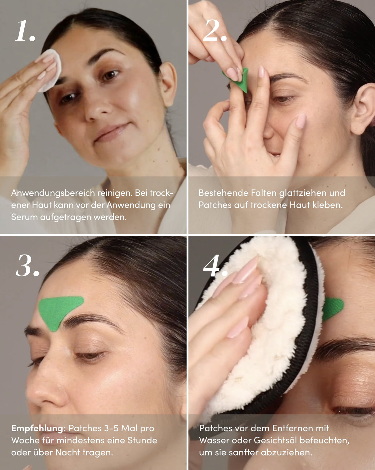 Anwendung der APRICOT Zornesfalten Patches mit Aloe vera an der Stirnpartie