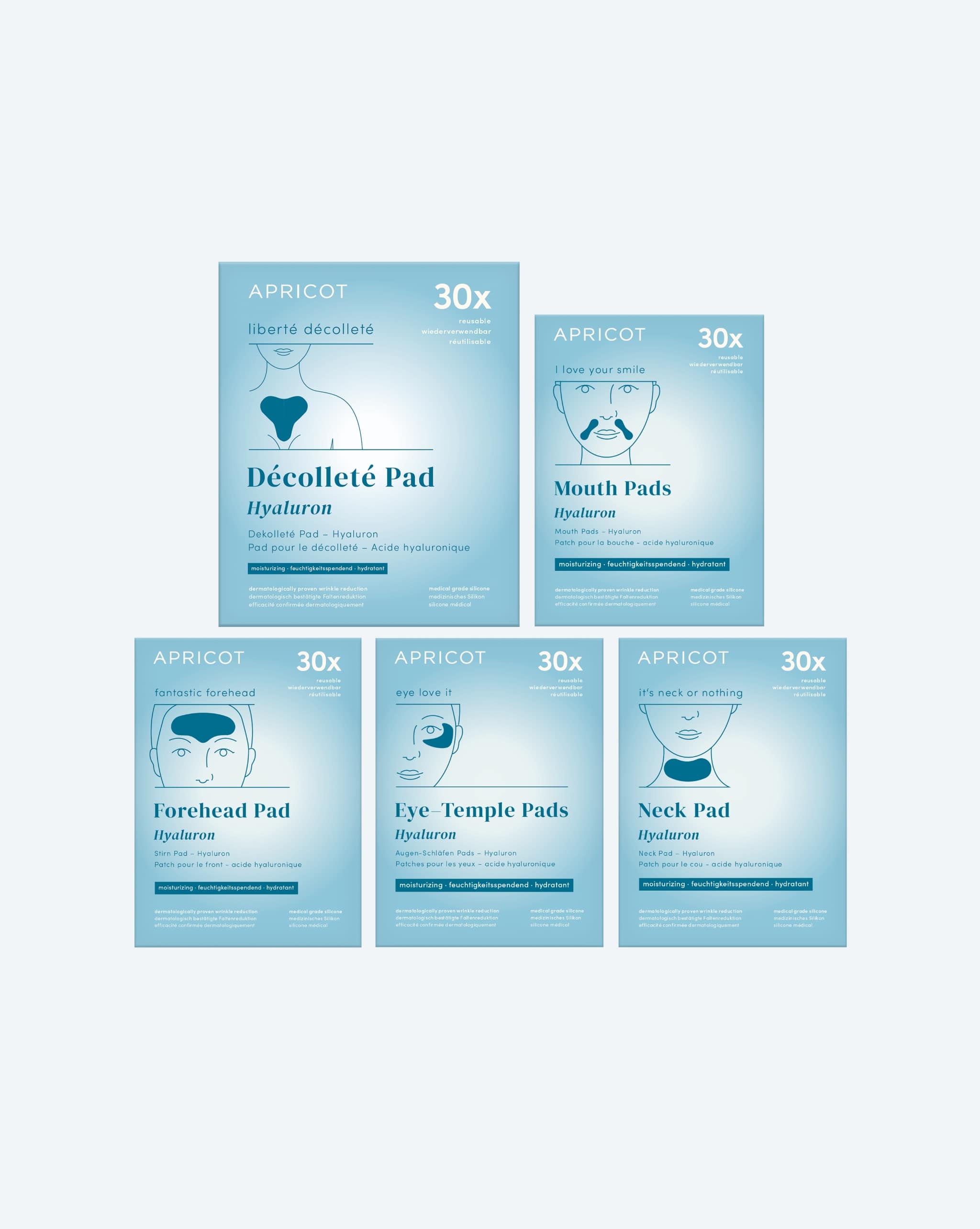 APRICOT Beauty-Set bestehend aus Hyaluron Dekolleté Pad, Hyaluron Mund Pads, Hyaluron Stirn Pad, Hyaluron Augenpads und Hyaluron Hals Pad