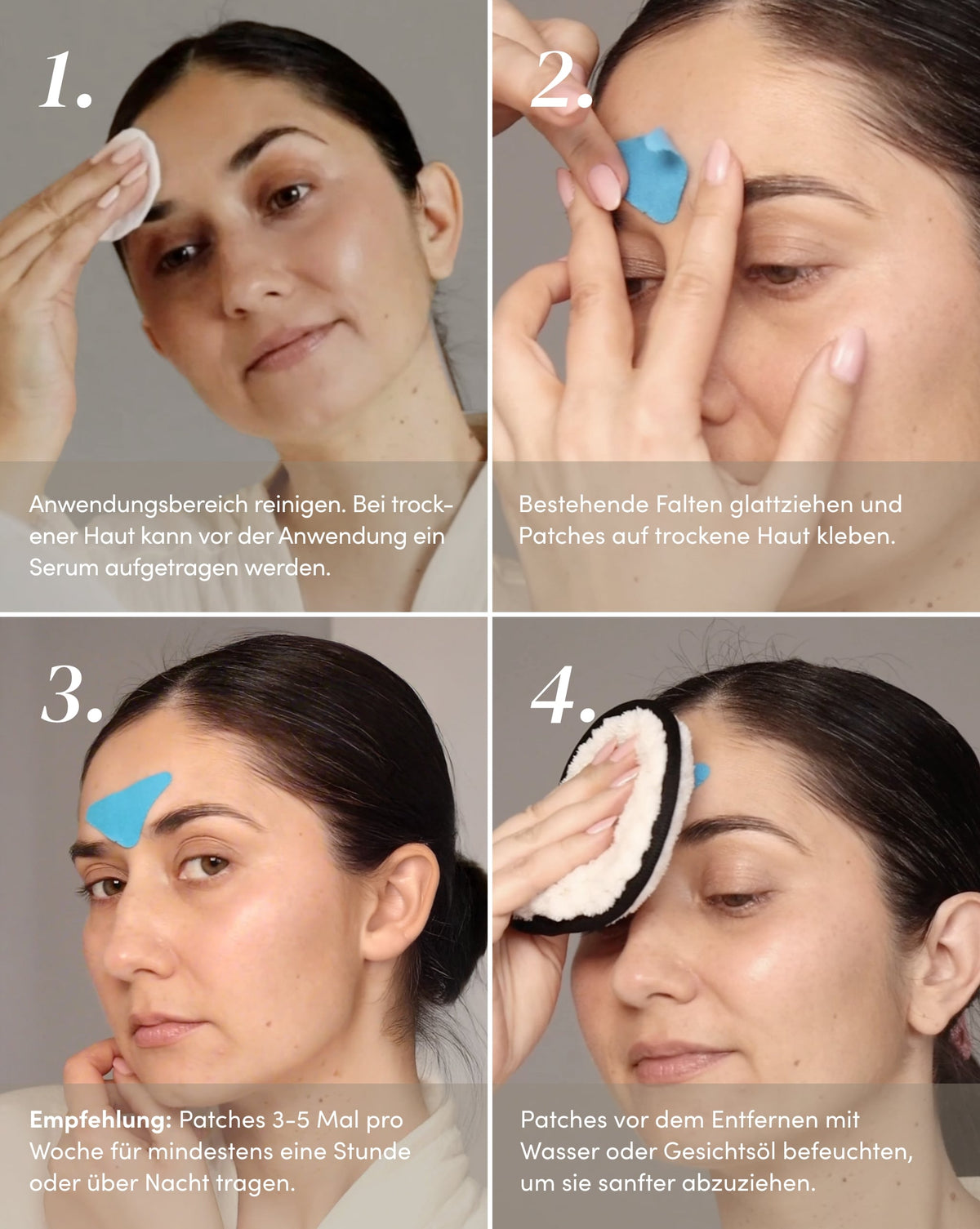 Anwendung der APRICOT Zornesfalten Patches mit Hyaluron an der Stirnpartie