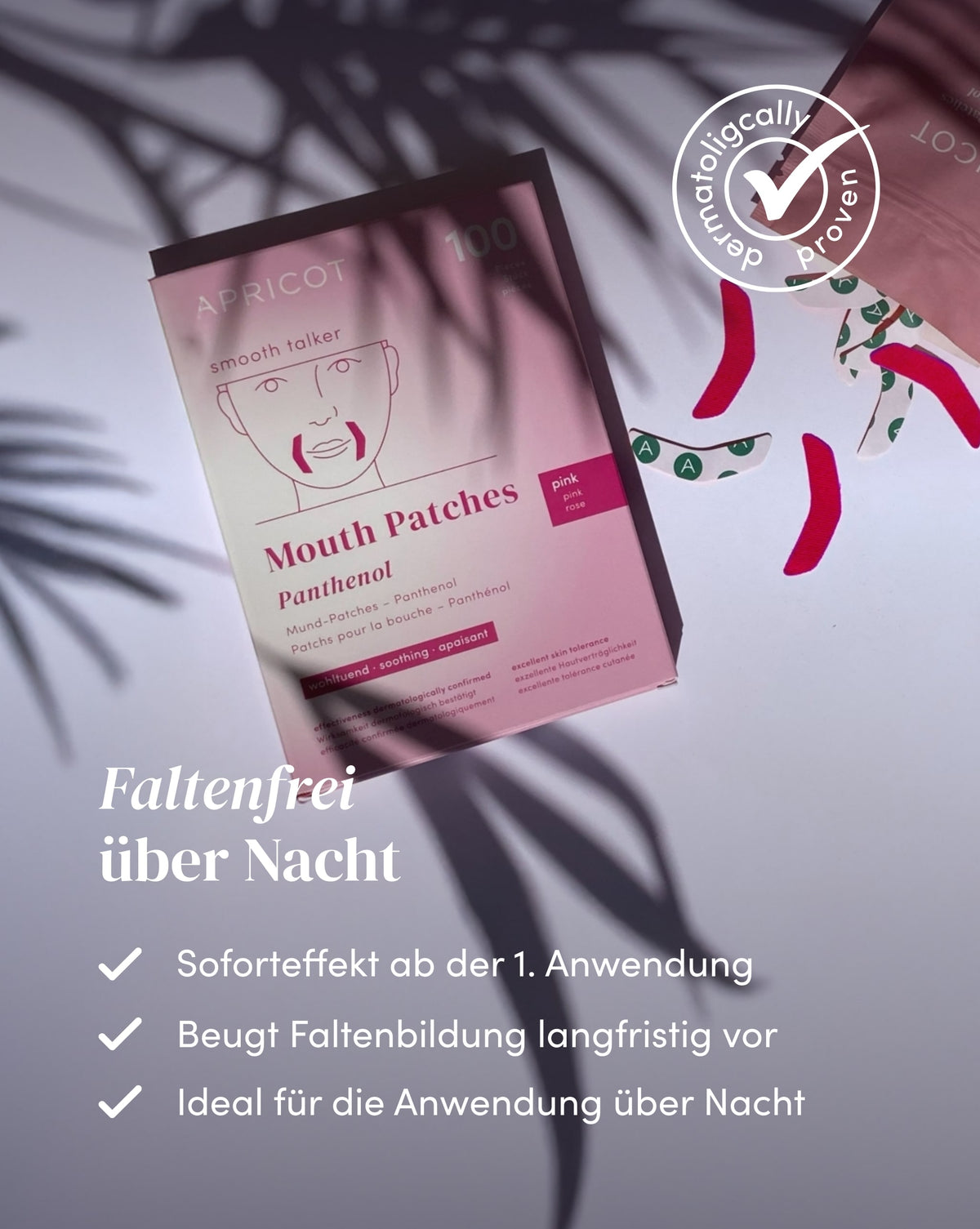 APRICOT Mund Patches mit Panthenol, ideal für die Anwendung über Nacht zur langfristigen Vorbeugung der Faltenbildung