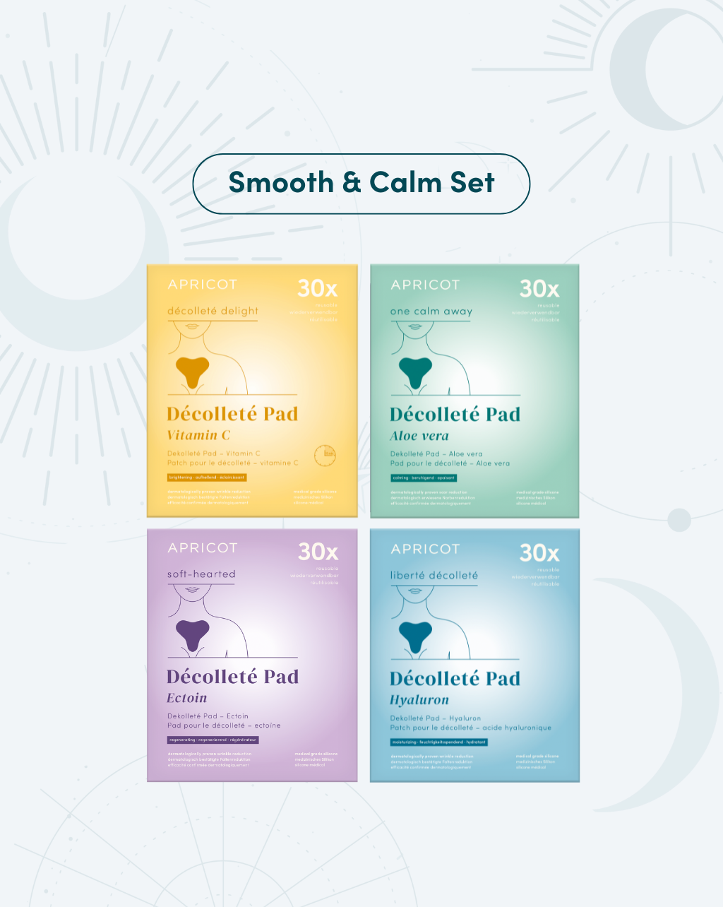 APRICOT Routine-Set bestehend aus Vitamin C Dekolleté Pad, Aloe vera Dekolleté Pad, Ectoin Dekolleté Pad und Hyaluron Dekolleté Pad